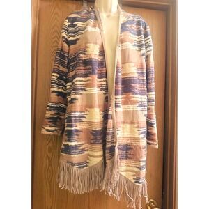 LUCKY Brand Aztec Bohemian Geometric Print Cotton Fringe Open-Front Cardigan M